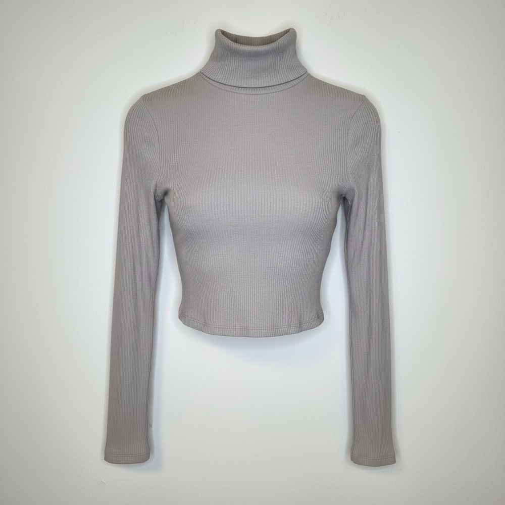 Topshop‎ Womens Taupe Ribbed Turtleneck Cropped Long Sleeve Top US 4-6 Small